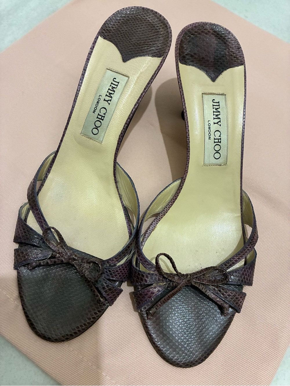 Jimmy Choo Purple Leather Textured Peep-Toe Bow Slip-ons